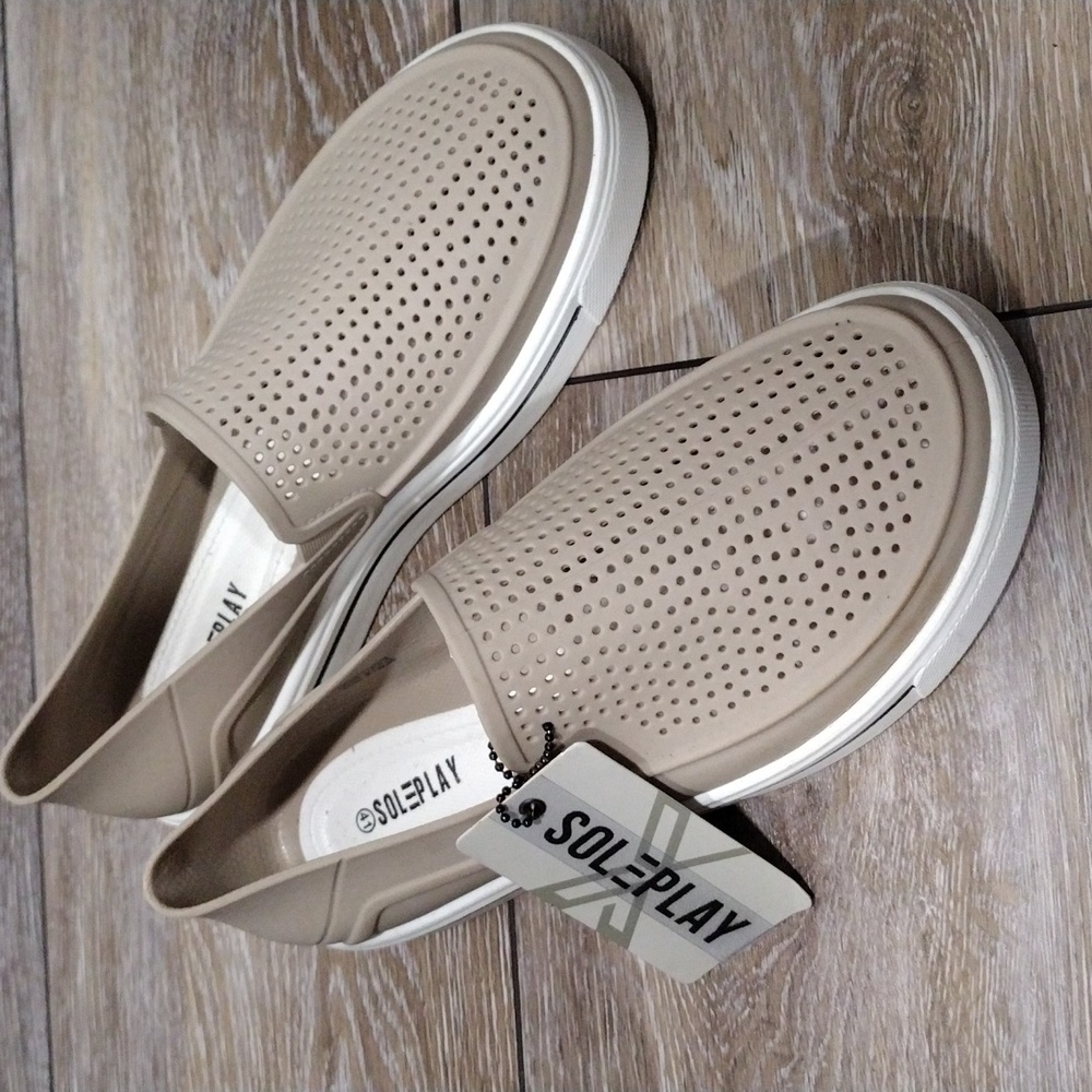Roleplay taupe brown perforated rubber loafers. NWT. Size 8